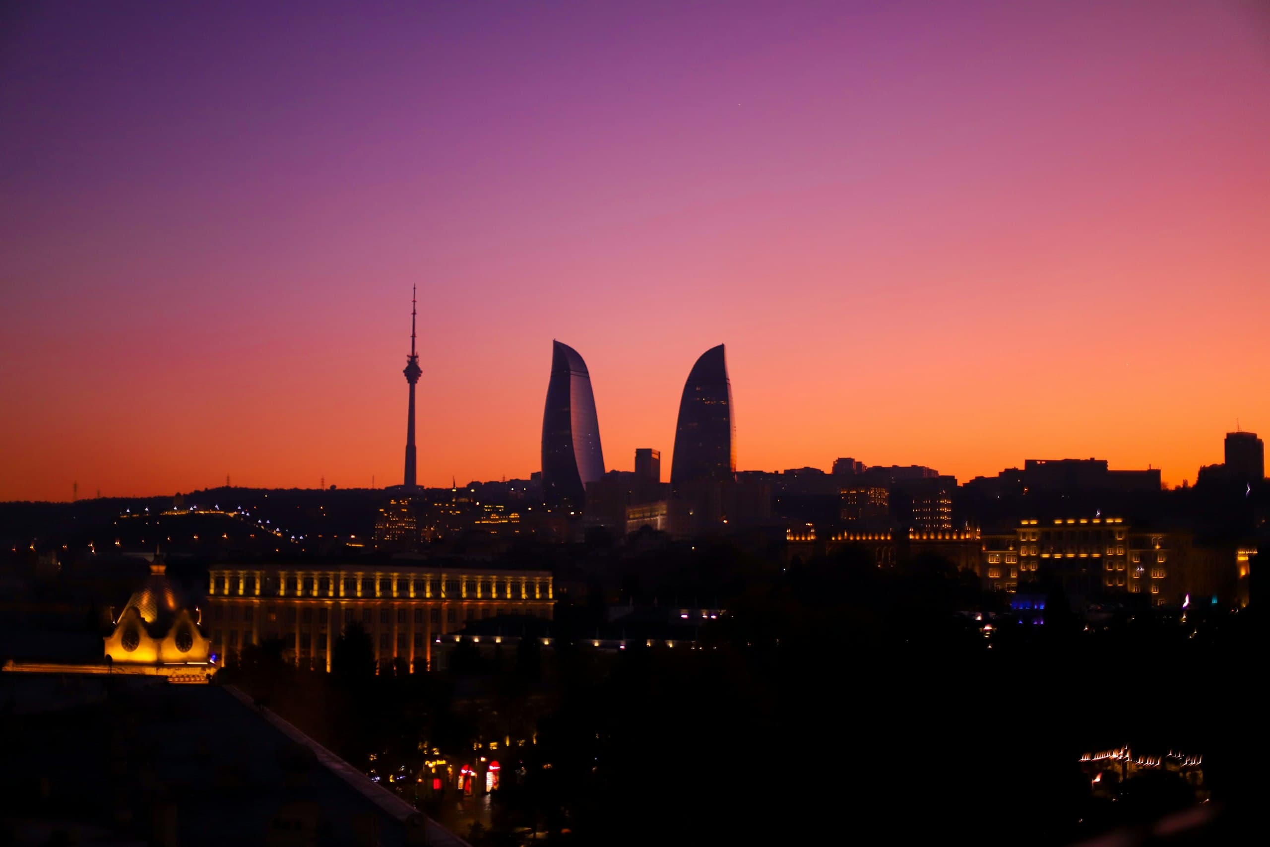 Baku, Flame Towers at sunset